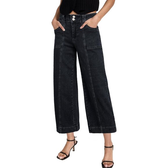 Women's High Waisted Wide Leg Cropped Denim Jeans Black Size 8 - Picture 4 of 6